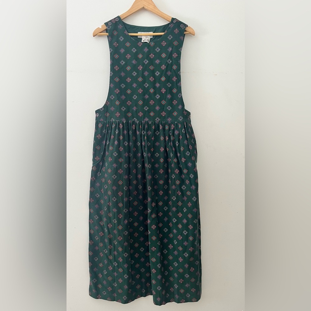 Vintage Green corduroy floral pattern Sleeveless chore Dress 100% cotton large